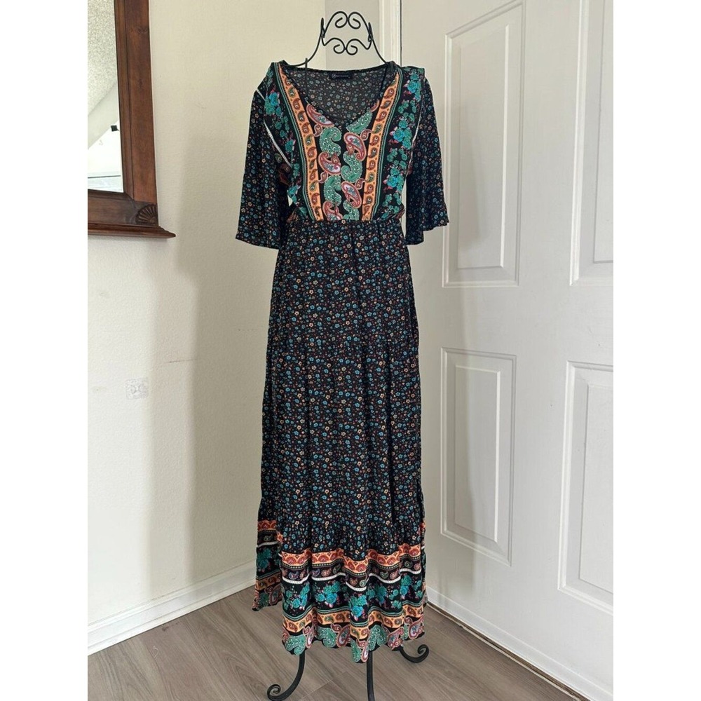 PrettyGarden Black Boho Floral Paisley Maxi Dress Size S Flutter Sleeve